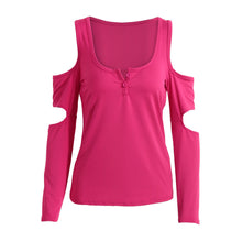 low cut women casual t-shirts cold shoulder square collar solid tshirt cutout long sleeve tops rose green black ropa mujer J4U66