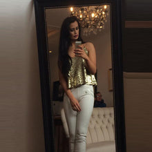 Fashion Women Sexy Gold Sequins VSleeveless Condole belt Crop Tank Tops Party Club Clothes T-Shirt Plus Size J4U66