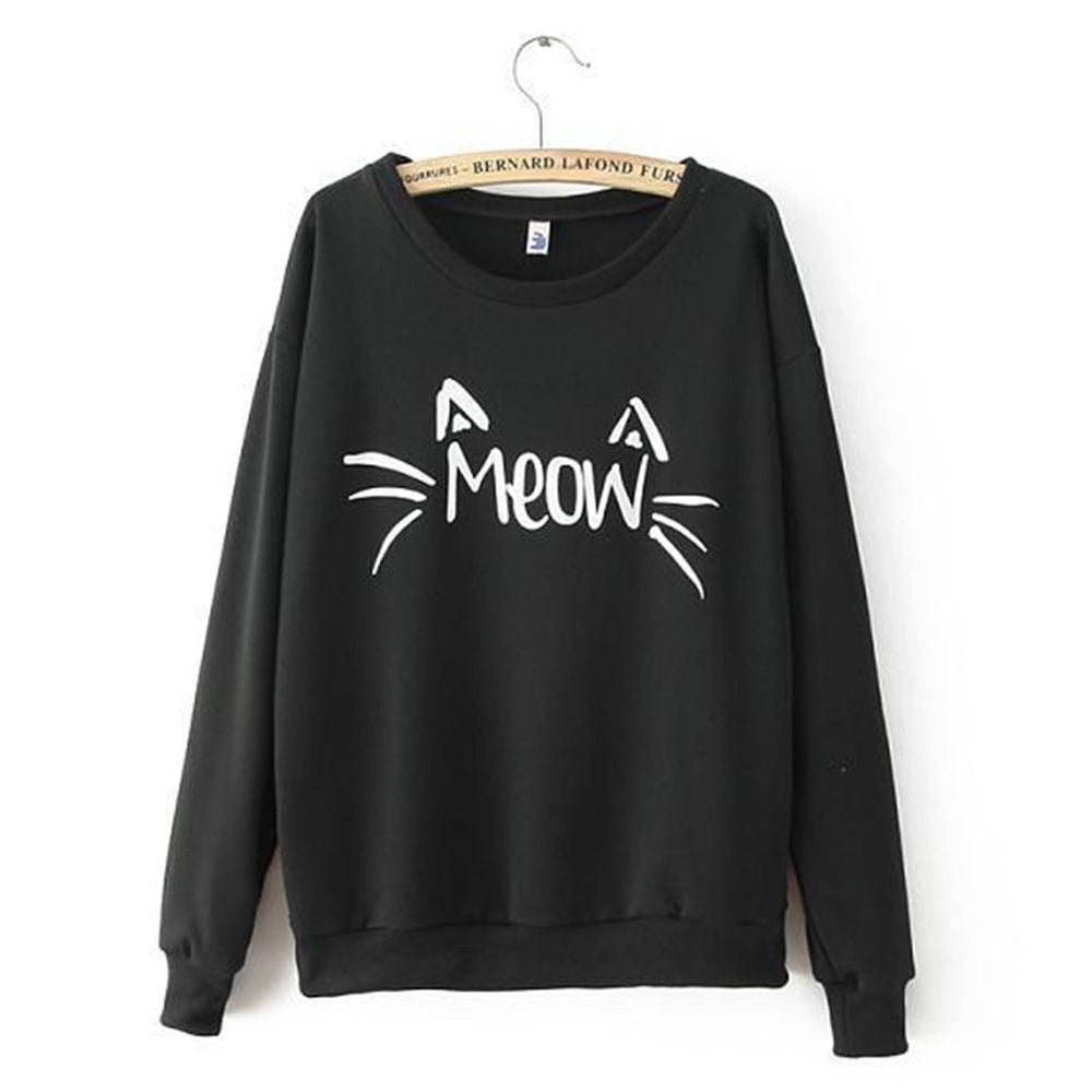 Fashion Women Casual Sweatshirts Long Sleeve Cute MEOW Print Shirts Tops Blouse J4U66