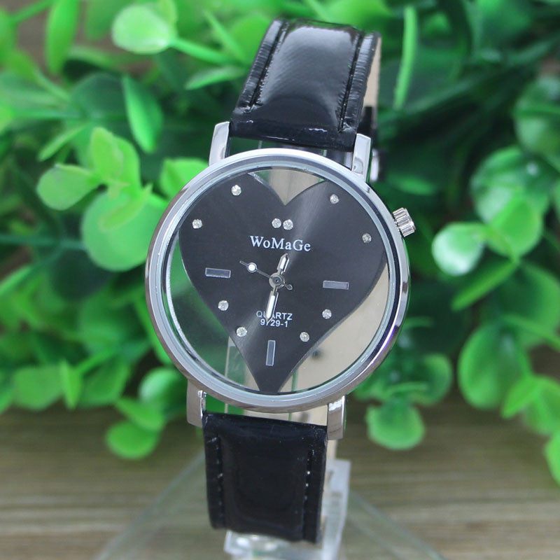 PU Leather Transparent Dial Hollow Heart Analog Quartz Wrist Watch  J4U66