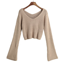 women knitted crop top ladies solid v neck sweater long flare sleeve casual pullover tops white knitwear J4U66