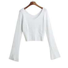 women knitted crop top ladies solid v neck sweater long flare sleeve casual pullover tops white knitwear J4U66