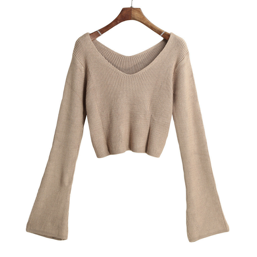 women knitted crop top ladies solid v neck sweater long flare sleeve casual pullover tops white knitwear J4U66