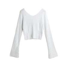 women knitted crop top ladies solid v neck sweater long flare sleeve casual pullover tops white knitwear J4U66