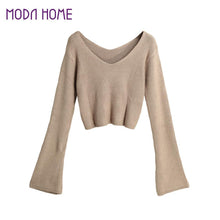 women knitted crop top ladies solid v neck sweater long flare sleeve casual pullover tops white knitwear J4U66