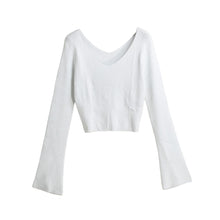 women knitted crop top ladies solid v neck sweater long flare sleeve casual pullover tops white knitwear J4U66