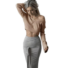 women knitted crop top ladies solid v neck sweater long flare sleeve casual pullover tops white knitwear J4U66