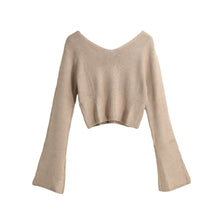 women knitted crop top ladies solid v neck sweater long flare sleeve casual pullover tops white knitwear J4U66