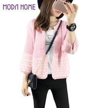 women knitted cardigan open front geometric pattern loose sleeve warm sweater outerwear short coat knitwear J4U66