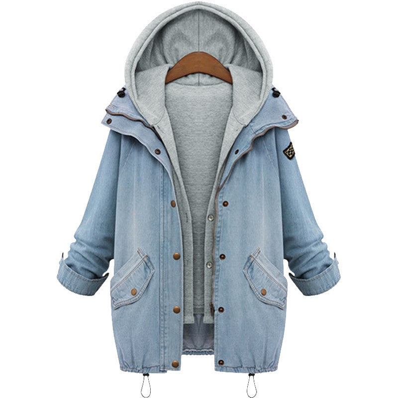 women two piece set denim jacket hooded coat plus size oversized casual women coat outwear light blue J4U66