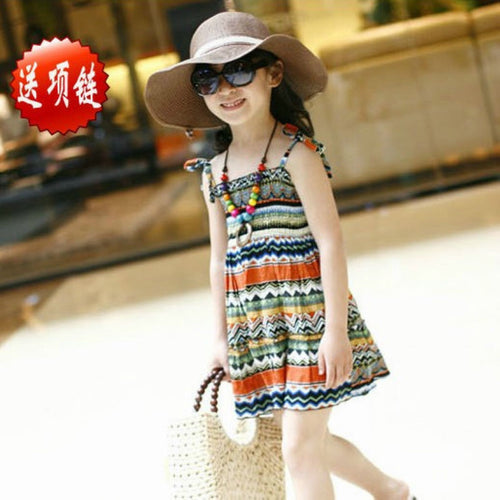 Baby Girls Dress with Necklace Children Graceful Printed Beach Dress Bohemian Style Girl Dresses J4U66