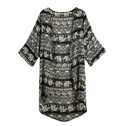 cardigan women chiffon kimono floral print boho women blouses loose thin outerwear beach cover up black dark blue J4U66