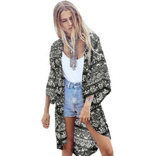 cardigan women chiffon kimono floral print boho women blouses loose thin outerwear beach cover up black dark blue J4U66