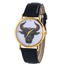 Colorful Women Men Retro Tau bull Print Faux Leather Band Quartz Watches Men J4U66