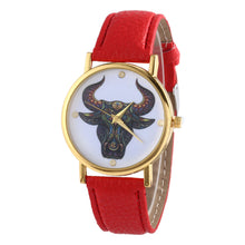 Colorful Women Men Retro Tau bull Print Faux Leather Band Quartz Watches Men J4U66