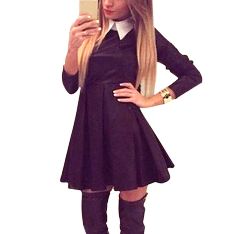 women doll collar slim long sleeve dress mini skater dresses J4U66