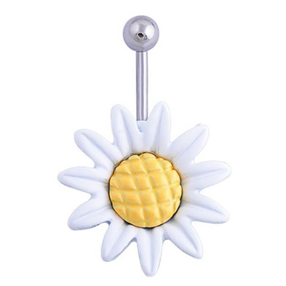 Shining Sunflower Flower Bar Belly Button Barbell Ring Navel Piercing Women Body Jewelry 2 Colors White Yllow J4U66