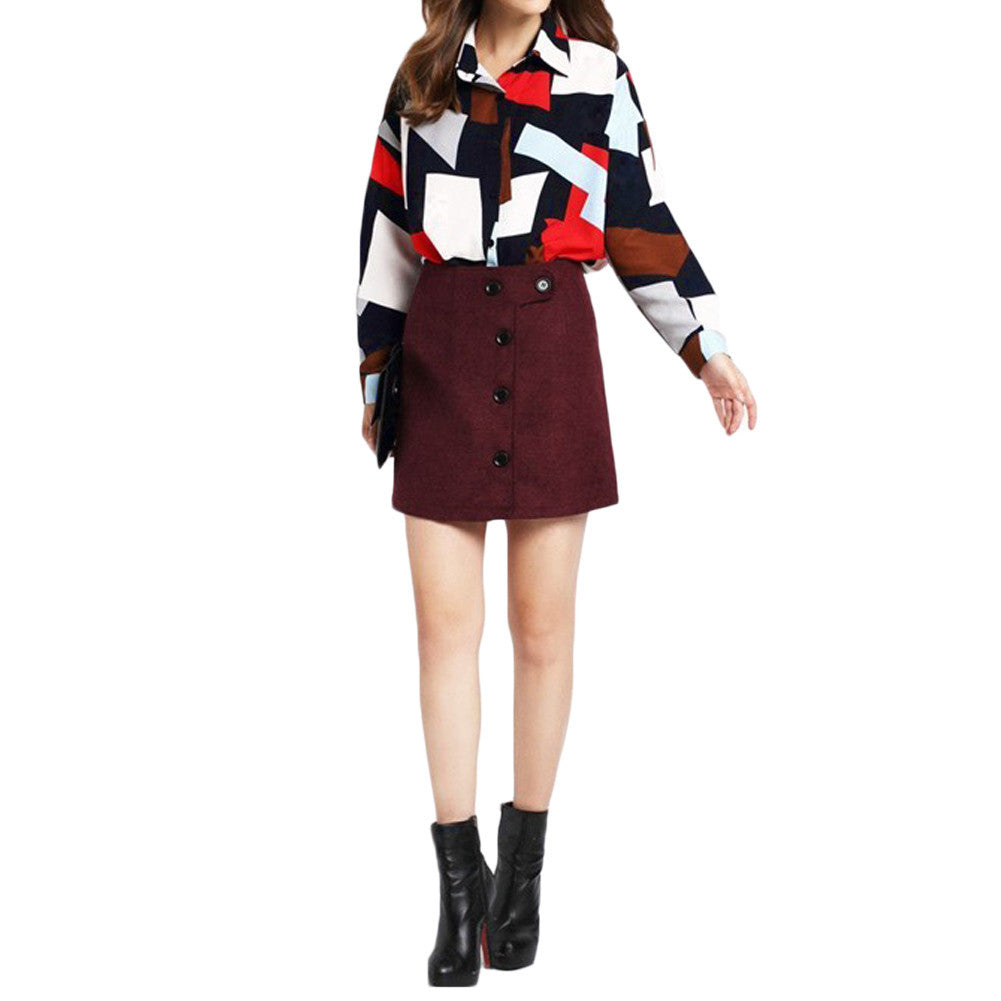 shirts women blouses button geometric print turn down collar long sleeve blouses women tops blusas green blue J4U66