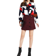 shirts women blouses button geometric print turn down collar long sleeve blouses women tops blusas green blue J4U66