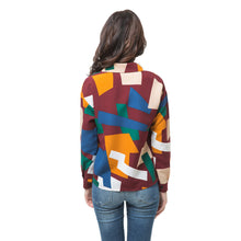 shirts women blouses button geometric print turn down collar long sleeve blouses women tops blusas green blue J4U66