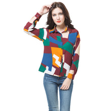 shirts women blouses button geometric print turn down collar long sleeve blouses women tops blusas green blue J4U66