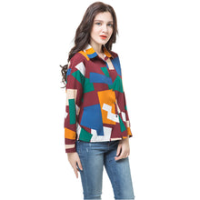 shirts women blouses button geometric print turn down collar long sleeve blouses women tops blusas green blue J4U66