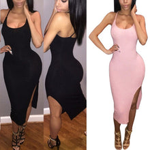 New Fashion Style Sexy Dress Women Tank Dress Black Side Split Sleeveless Dress Mid-Calf Dresses J4U66