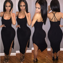 New Fashion Style Sexy Dress Women Tank Dress Black Side Split Sleeveless Dress Mid-Calf Dresses J4U66