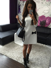women dress bow small pocket round neck three quarter sleeve casual mini dress vestidos J4U66