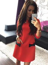 women dress bow small pocket round neck three quarter sleeve casual mini dress vestidos J4U66