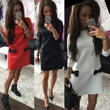 women dress bow small pocket round neck three quarter sleeve casual mini dress vestidos J4U66