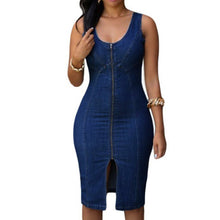 women sexy dress zipper split o neck casual denim style bodycon sleeveless dress sexy vestidos blue J4U66