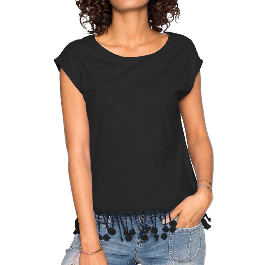 t-shirts women tassel fringed short sleeve casual tee shirt pullover women tops white black purple J4U66