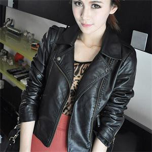 Turn Down Collar Women Leather Jackets Slim PU Leather Motor Jacket for Women Plus Size 2XL J4U66