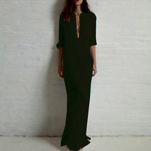 VestidosWomen Sexy Casual Dress Long Sleeve Deep V Neck Linen Split Solid Long Maxi Dress Plus Size J4U66