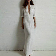 VestidosWomen Sexy Casual Dress Long Sleeve Deep V Neck Linen Split Solid Long Maxi Dress Plus Size J4U66