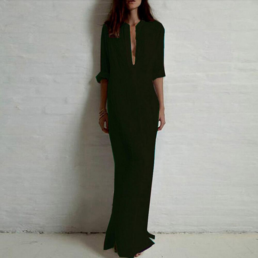 VestidosWomen Sexy Casual Dress Long Sleeve Deep V Neck Linen Split Solid Long Maxi Dress Plus Size J4U66