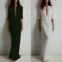 VestidosWomen Sexy Casual Dress Long Sleeve Deep V Neck Linen Split Solid Long Maxi Dress Plus Size J4U66