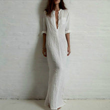 VestidosWomen Sexy Casual Dress Long Sleeve Deep V Neck Linen Split Solid Long Maxi Dress Plus Size J4U66