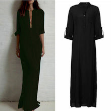 VestidosWomen Sexy Casual Dress Long Sleeve Deep V Neck Linen Split Solid Long Maxi Dress Plus Size J4U66