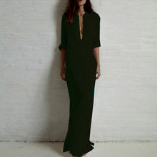 VestidosWomen Sexy Casual Dress Long Sleeve Deep V Neck Linen Split Solid Long Maxi Dress Plus Size J4U66