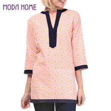women blouses geometric print split v neck tee shirt three quarter sleeve casual tops long shirt pink red blue J4U66