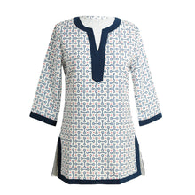 women blouses geometric print split v neck tee shirt three quarter sleeve casual tops long shirt pink red blue J4U66