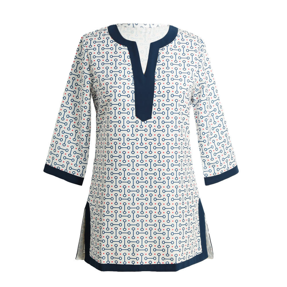 women blouses geometric print split v neck tee shirt three quarter sleeve casual tops long shirt pink red blue J4U66