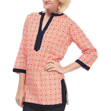 women blouses geometric print split v neck tee shirt three quarter sleeve casual tops long shirt pink red blue J4U66