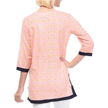 women blouses geometric print split v neck tee shirt three quarter sleeve casual tops long shirt pink red blue J4U66
