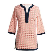 women blouses geometric print split v neck tee shirt three quarter sleeve casual tops long shirt pink red blue J4U66