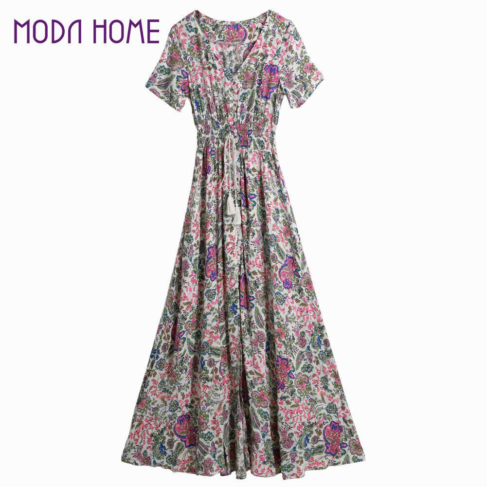 women boho dress side slit front button closure casual dress tassel elastic waist vintage maxi dress pink J4U66