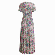 women boho dress side slit front button closure casual dress tassel elastic waist vintage maxi dress pink J4U66