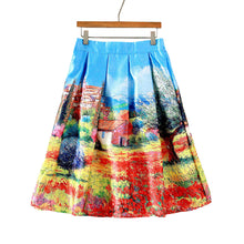 women midi skirt rural printing pleated zipper elegant a line ball gown skirt women blue J4U66